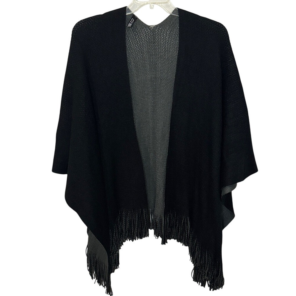 Black Fringe Open Poncho Sweater Wrap Jack & Missy